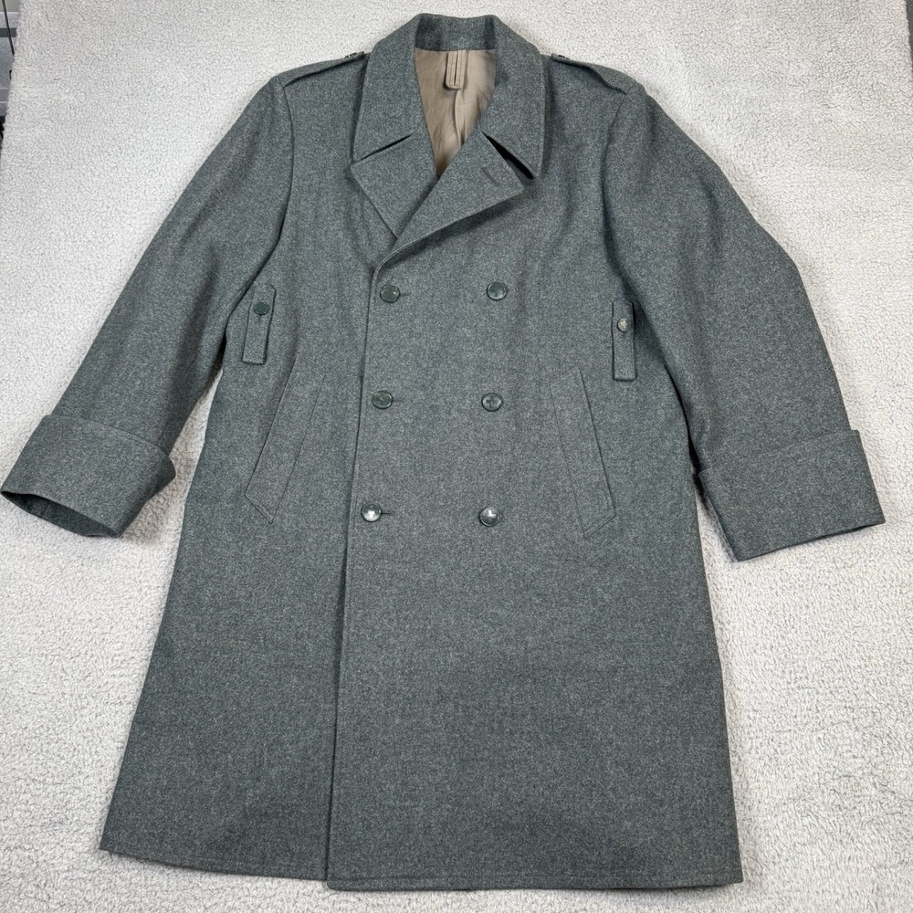 Vtg Swiss Army Pea Coat 46 BB Green Wool Trench Military Jacket Double Breasted